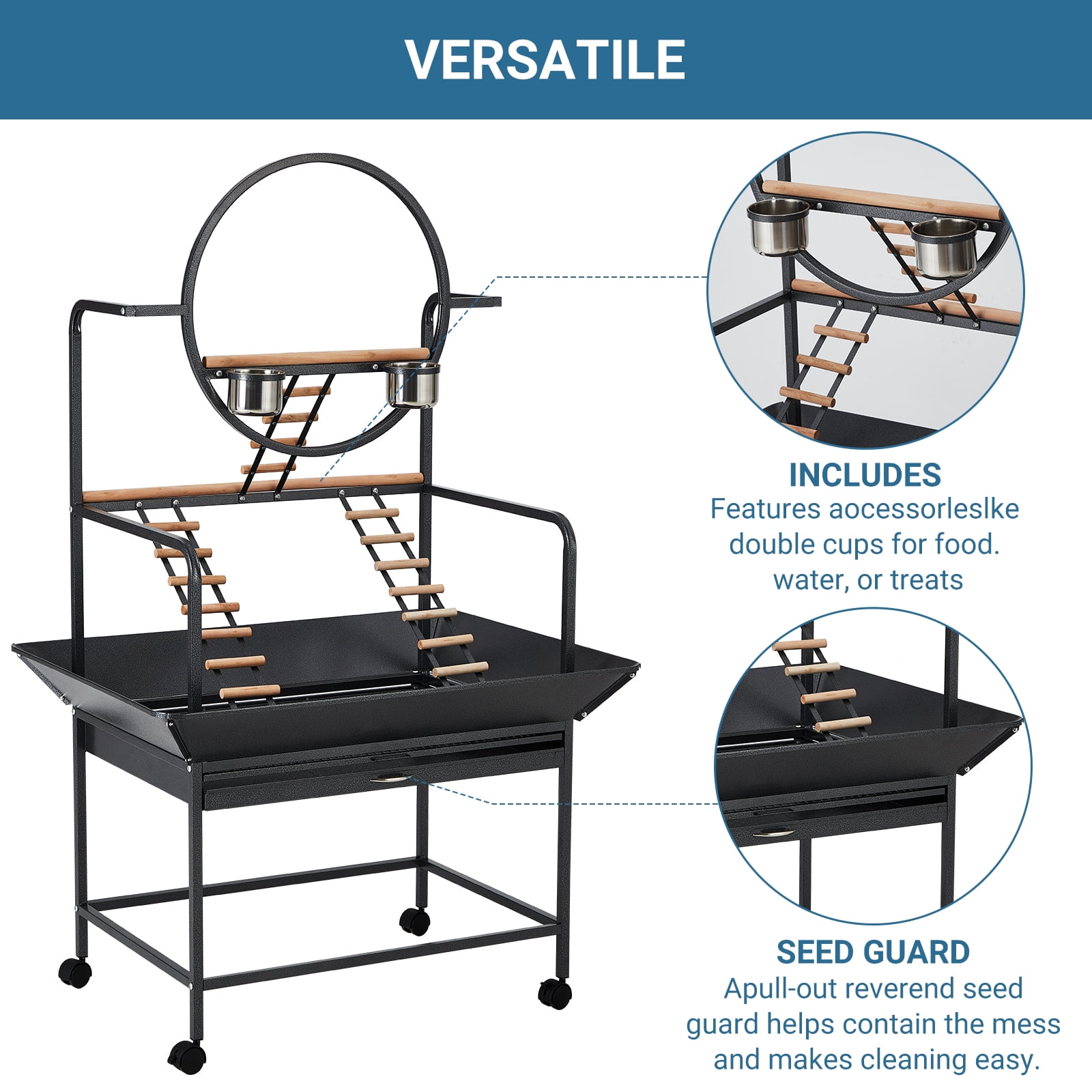 Spacious Metal Bird Cage with Play Top – Rolling Stand. Storage Shelf. -Out Tray – Flight Cage for Parrots. Cockatiels. Conures. Parakeets. Budgies. Lovebirds. Finches. Canaries – White