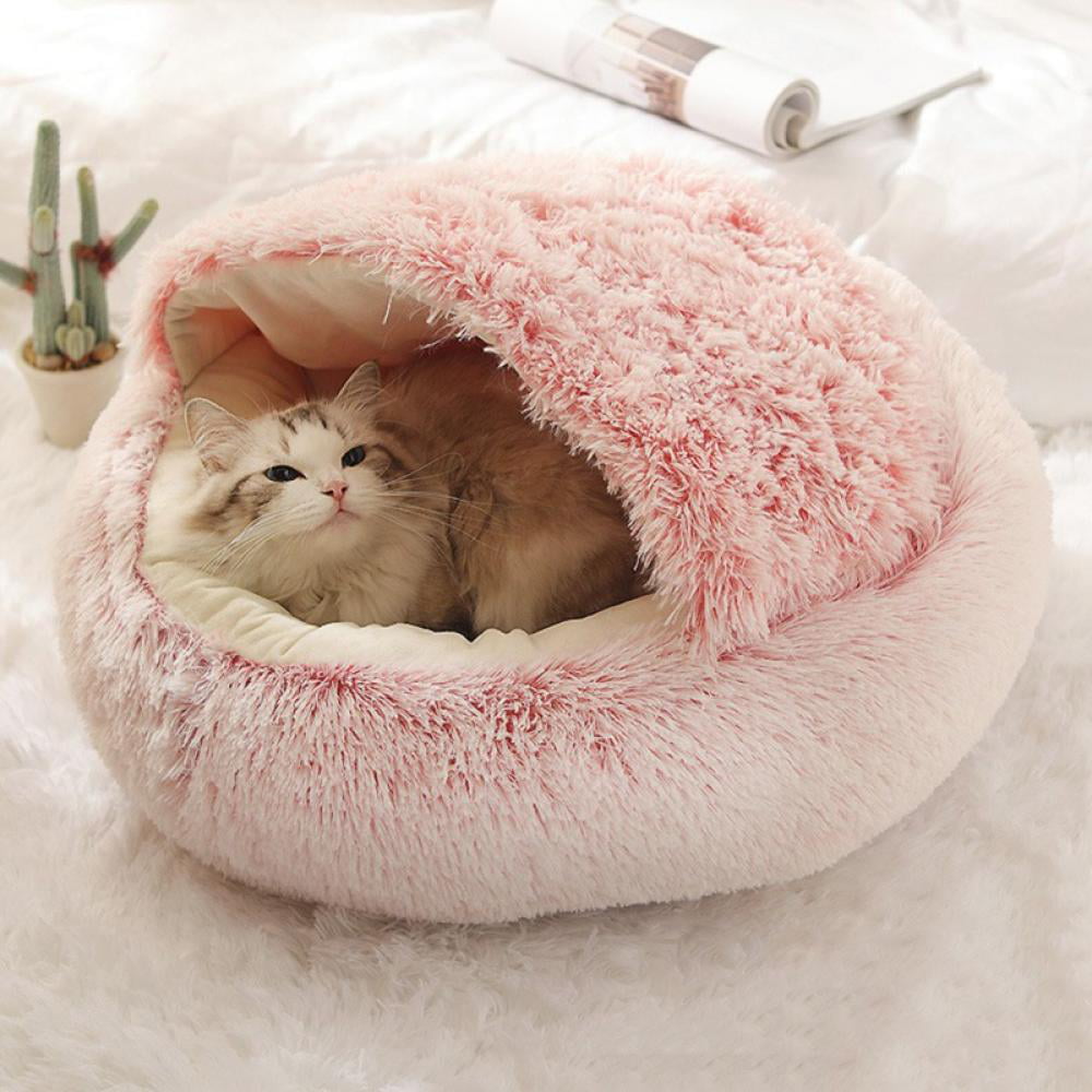Blue S SEFEI Cat Bed Cave,Soft Plush Burrowing Cave Hooded Cat Bed Donut for Dogs & Cats Faux Fur Cuddler Round Comfortable Self Warming pet Bed
