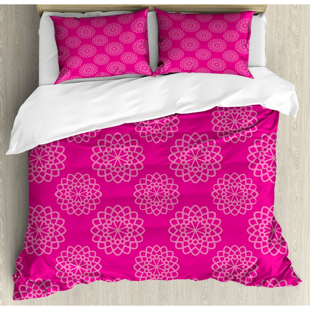 Hot Pink Duvet Cover Set, Geometrical Abstract Flower Motifs Garden