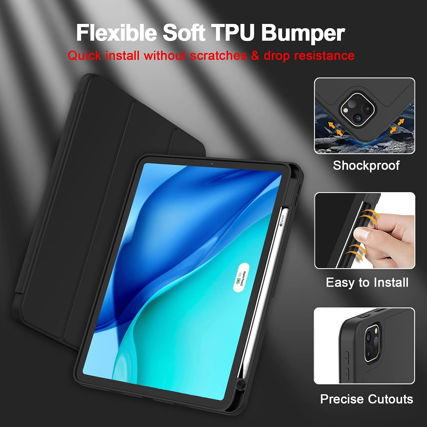 HCTian New iPad Pro 12.9 Inch Case 2022/2021/2020(6th/5th/4th Gen) with Pencil Holder,Smart Case [Support Touch ID and Auto Wake/Sleep] with Auto 2nd Gen Pencil Charging