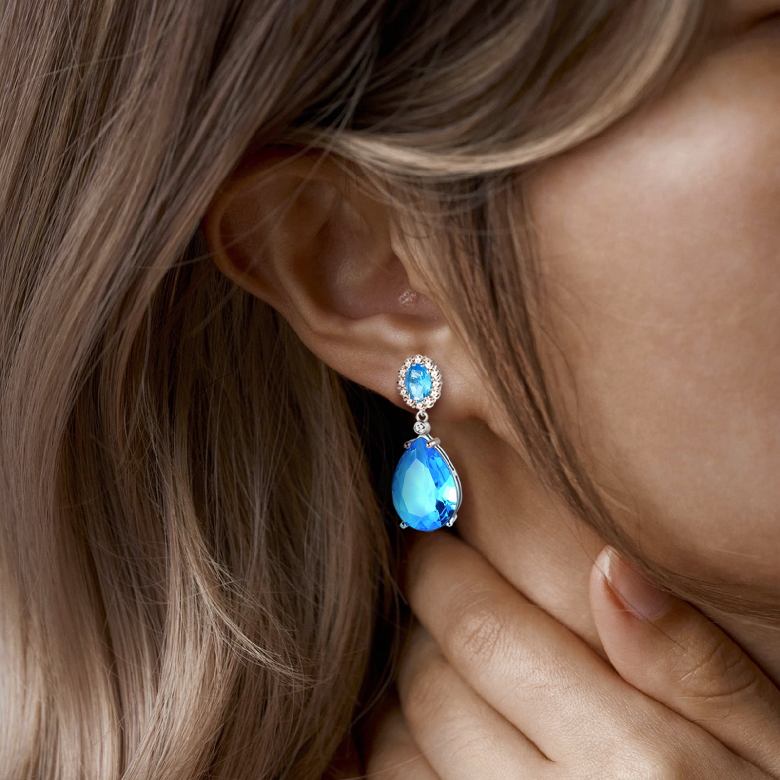 Juwaliy 10Ct Teardrop Dangle Earrings Women Blue Topaz March Birthstone Aquamarine Jewelry 925 Sterling Silver Birthday Mother's Day Gifts