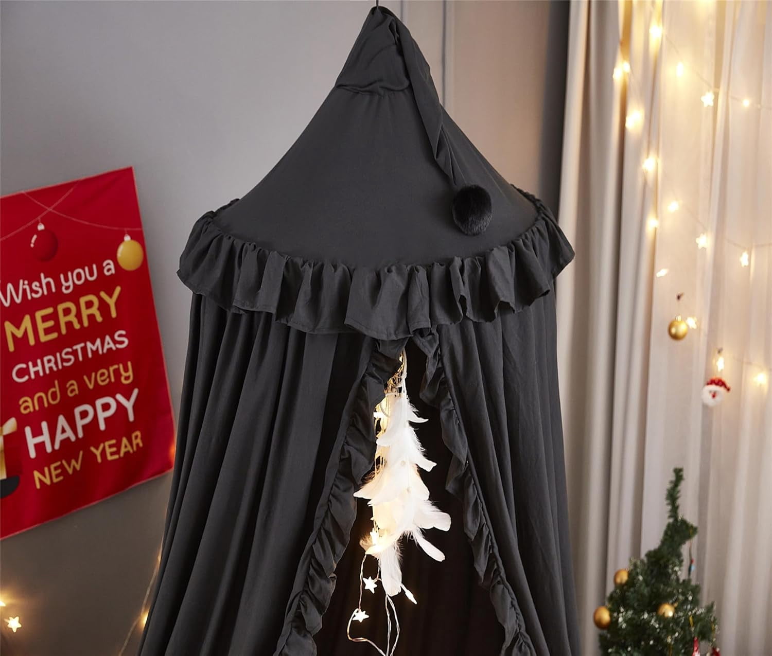 Bed Canopy for Girls,Princess Round Dome Dreamy Mosquito Net Bedding Girls Room Castle Play Tent Hanging House Decor Reading Nook Canopies (Black)