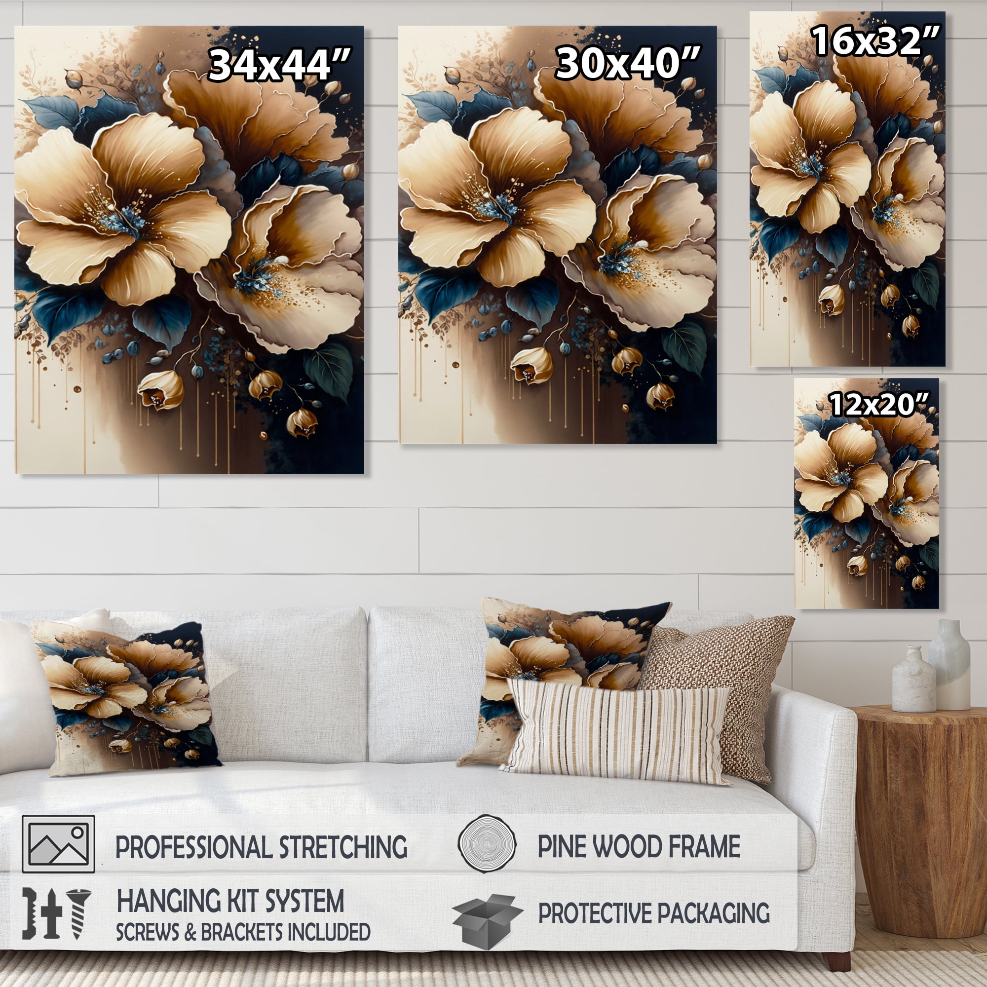 Designart Brown And Blue Hibiscus Bouquet II Canvas Wall Art