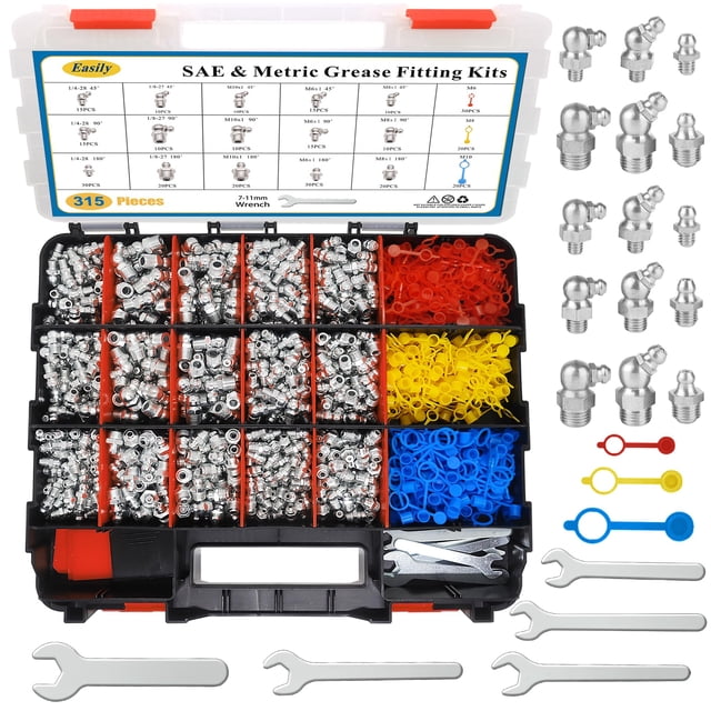 Surtido de accesorios de engrase, 315 piezas, SAE y métricos con kit de llave