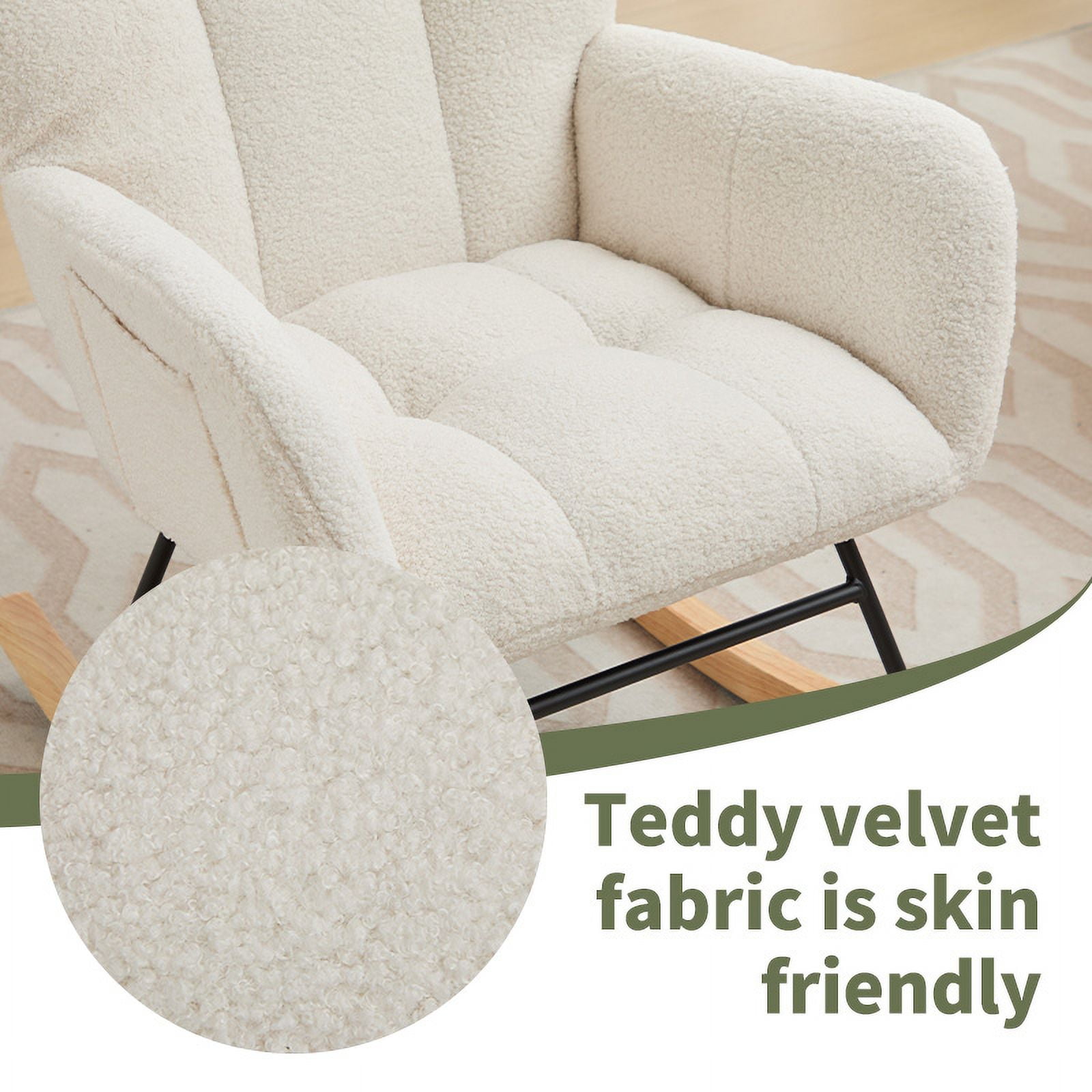 BISHE Modern Nursery Rocking Chair Upholstered Glider Chair with High Backrest Rocker Accent Armchair with Solid Wood Legs for Nursery Bedroom Living Room Teddy, White