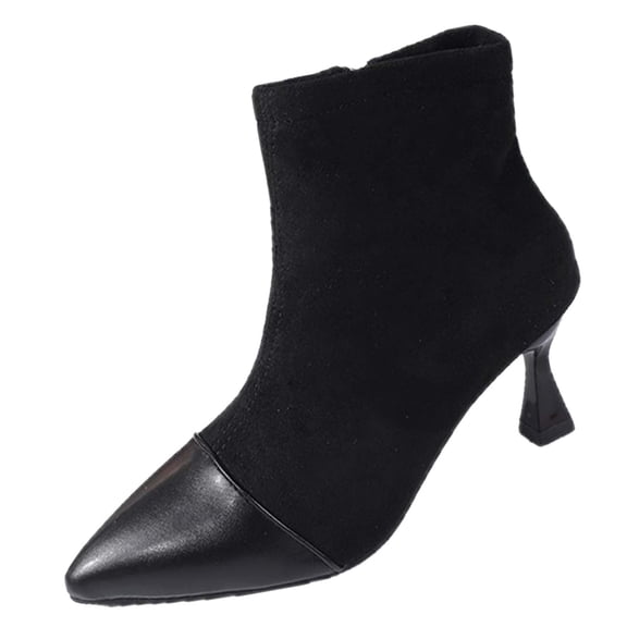 Xfvqtps Womens Pointed Toe Ankle Boots Slim Mid Heel Winter Fashion Booties Plush Lined Suede Leather Short Boots for Women Dress Casual