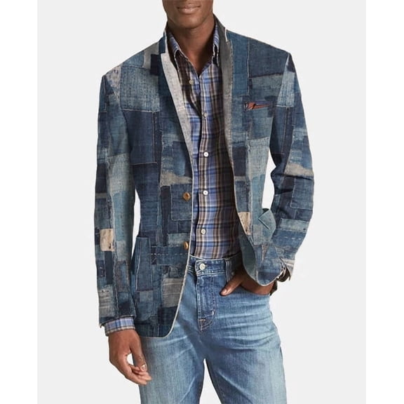 Men's Patchwork Denim Blazer, Single-Breasted Vintage Boro Style Casual Sport Coat