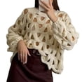 thumbnail image 3 of Women'S Casual Solid Color Crochet Knit Sweater Long Sleeve Beach Vacation Pullover Top Color M, 3 of 9