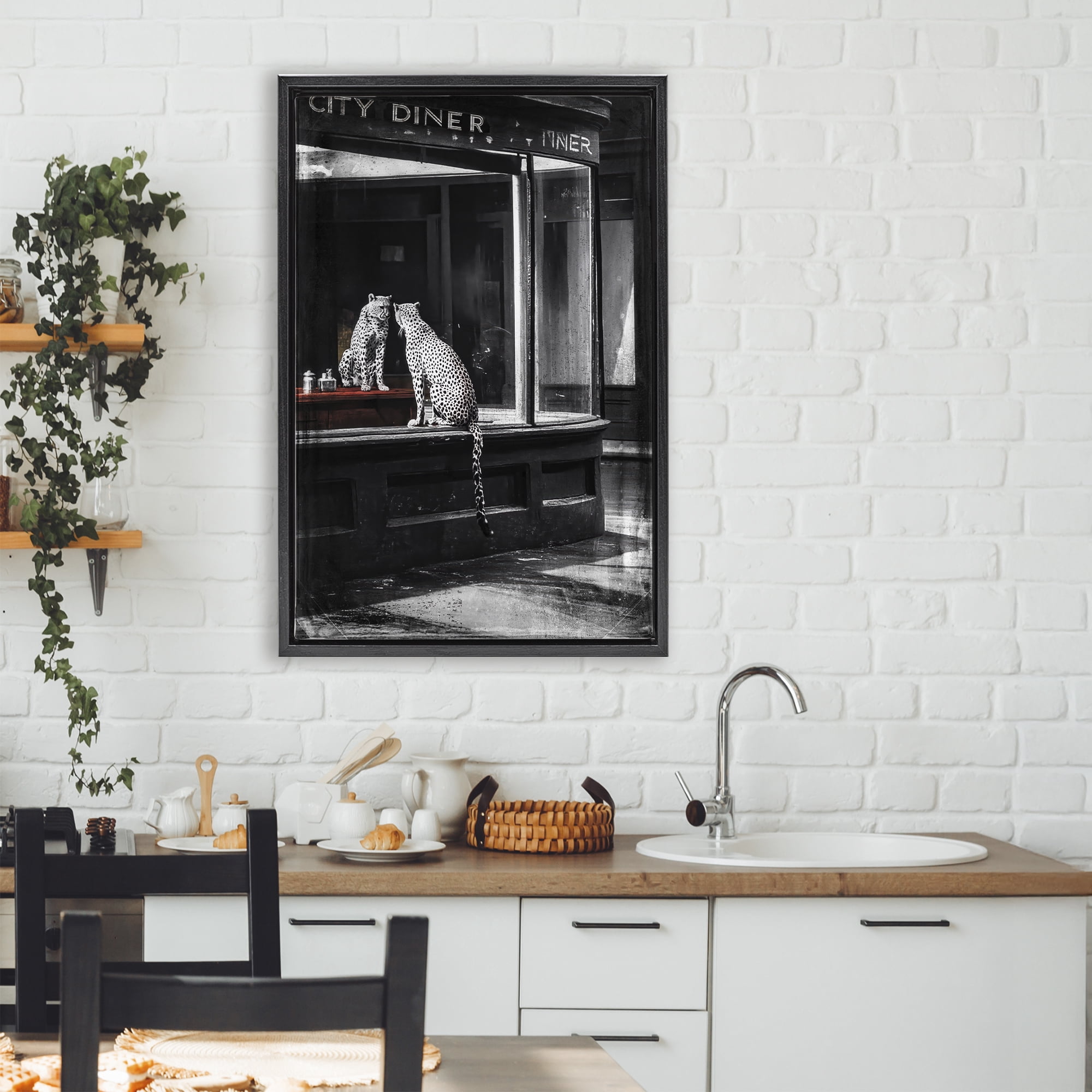 Stupell Industries Diner Noir Leopard Reflection Black Framed Floater Canvas Wall Art, design by Annabelle Hall