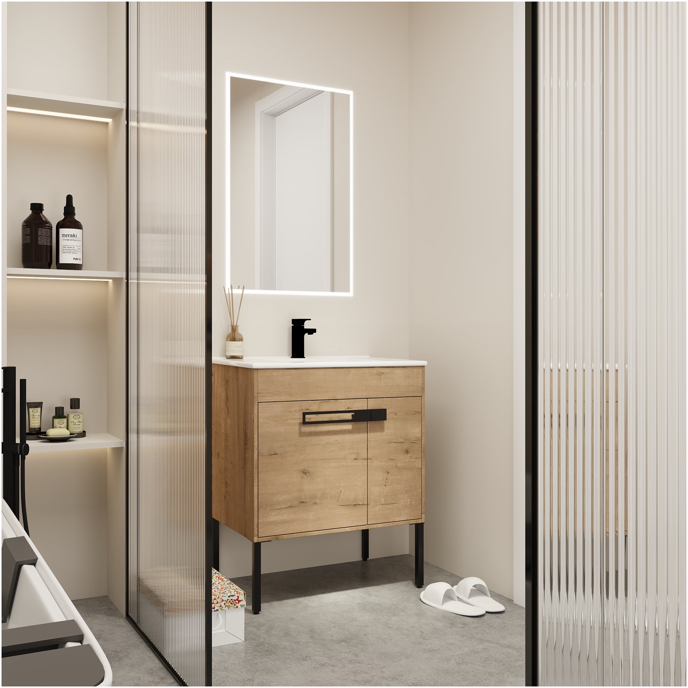 JERFIT 30 Inch Bathroom Vanity with Ceramic Sink, Freestanding or Wall-Mounted Modern Cabinet with Soft Close Doors, Adjustable Shelf, Imitative Oak Finish