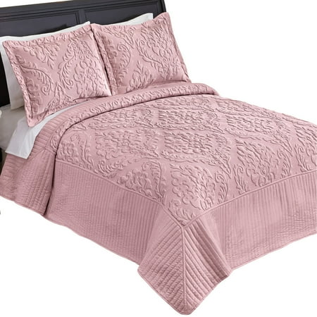 Solid-Color Cambridge Raised Medallion Design Embroidered Quilt - Elegant Bedroom Décor, Twin, Blush