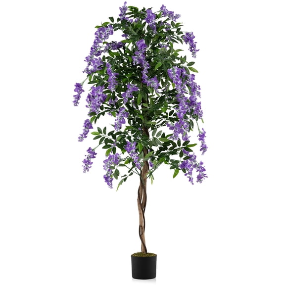 Costway 6 FT Artificial Wisteria Tree Set of 1 with Natural Trunks Purple Lifelike Flowers for Porch