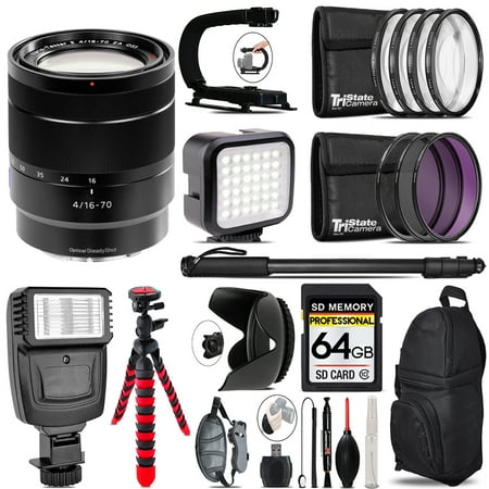 Sony Vario-Tessar T* E 16-70mm f/4 ZA OSS Lens- Video Kit + Flash - 64GB Accessory Bundle
