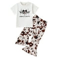 thumbnail image 1 of Seyurigaoka Toddler Baby Girls Pants Set Short Sleeve Crew Neck Cow Letters Print T-shirt + Elastic Waist Flare Pants, 1 of 9