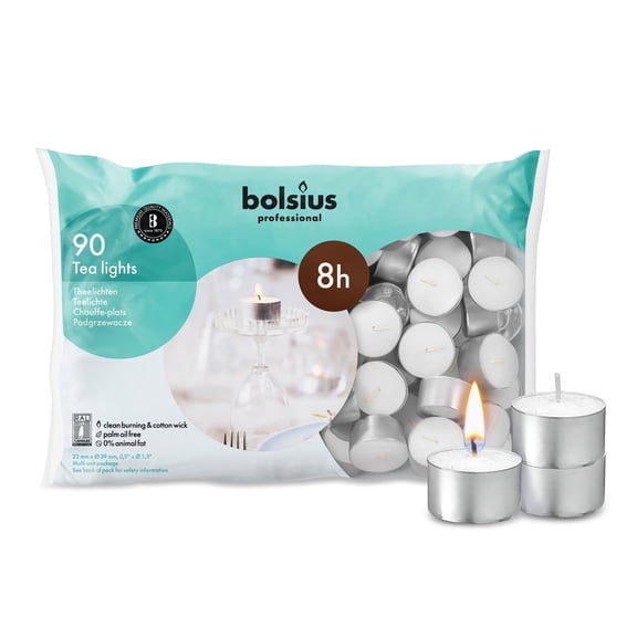 Bolsius White 8 Hr. Long Burning Unscented Tea Lights Candles for Wedding, Dinner, Spa, Home/Party Decor | Smokeless Non-Drip Tealights - 90 Pack