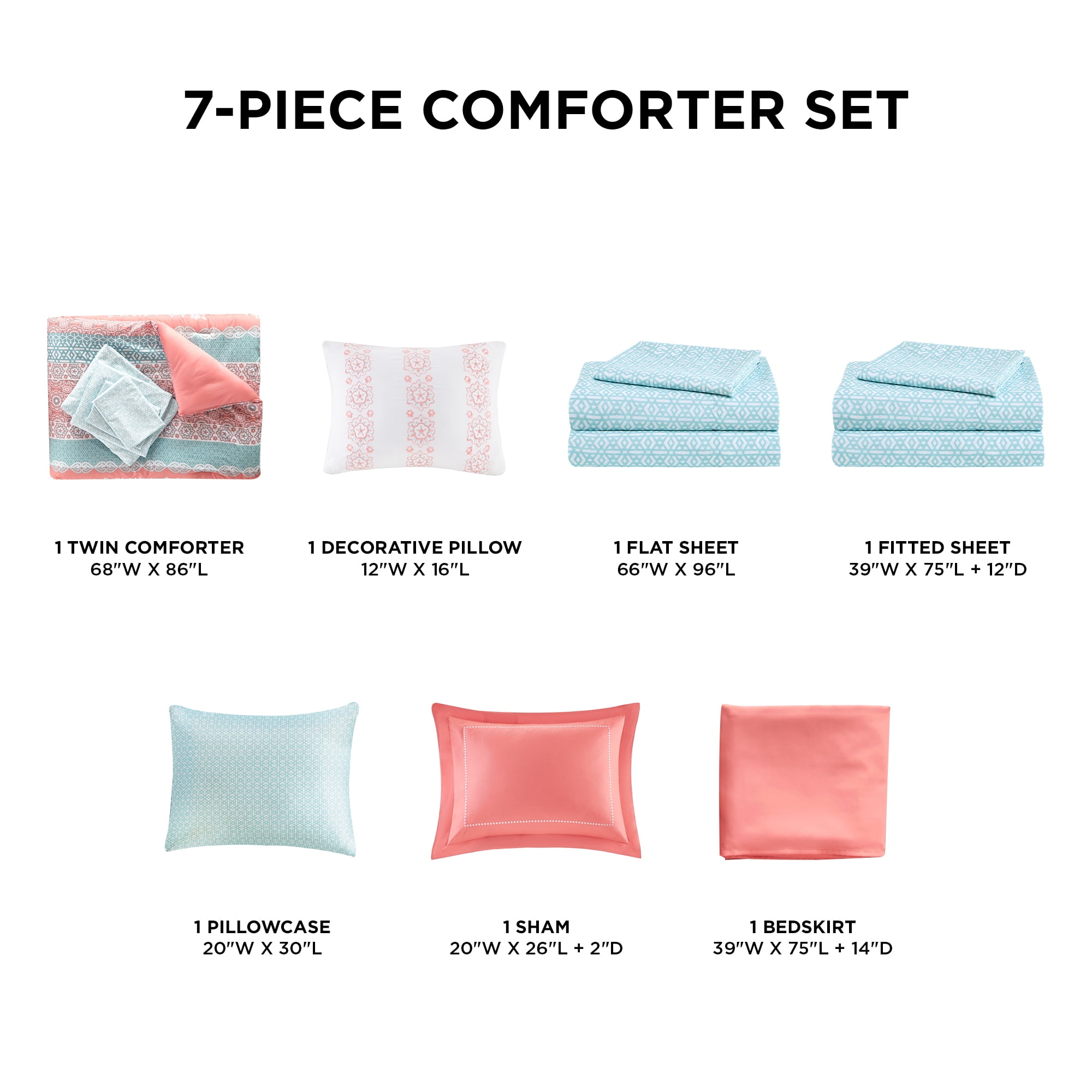 Regency Heights Twin Size Comforter Set, 7-Piece Bed in a Bag Twin, Coral Bedding Sets with Sheets, Bed Skirt for College Dorm
