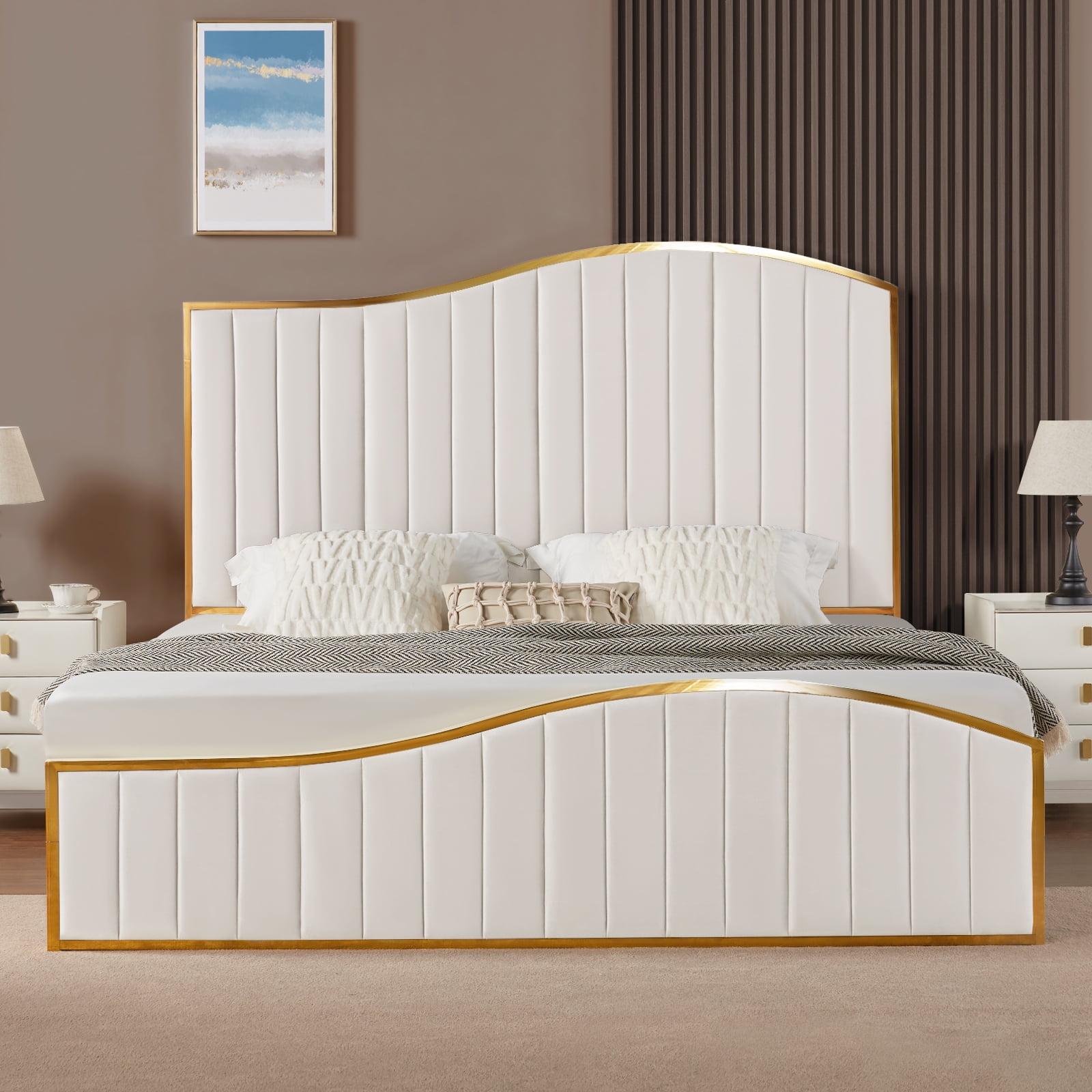VanAcc King Size Platform Bed Frame 61.4" Vertical Channel Gold Trim Headboard & Footboard Cream