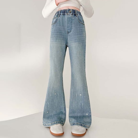 NAISIBABY Girls Flare Leg Jeans, Trendy Rhinestone Cute Stertch High Waist Casual Denim Pants with Pockets Blue Size 9-10