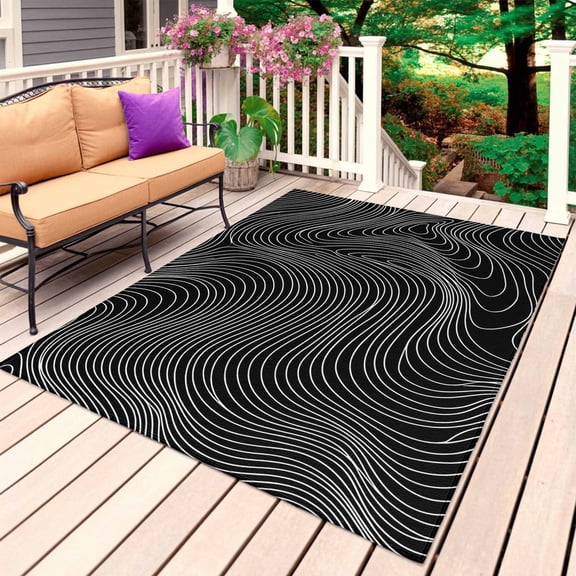Black White Striped Outdoor Rug for Patio/Deck/Porch, Non-Slip Large Area Rug 6 x 9 Ft, Modern Abstract Art Lines Stripes Indoor Outdoor Rugs Washable Area Rugs, Reversible Camping Rug Carpet Runner