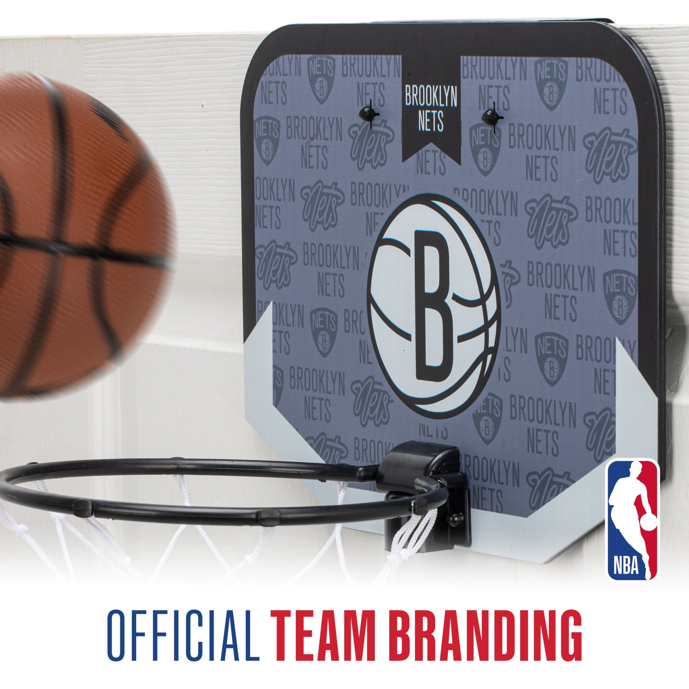 Franklin Sports NBA Brooklyn Nets Mini Over the Door Basketball Hoop - Kids Indoor Mini Basketball Hoop with Basketball - NBA Fan Shop Mini Hoop for Bedroom + Office - Over the Door Mini Hoop Set