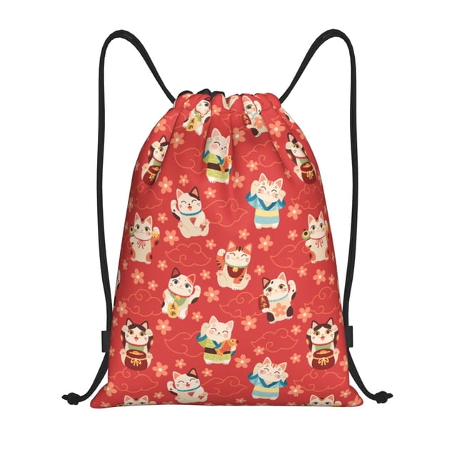 Xecao Japanese Maneki Cats Pattern Sports Drawstring Backpack - String Swim Gym Bag with Wet Proof Pocket for Women&Men-Medium