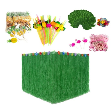 

147pcs Hawaiian Party Supplies Table Skirt Desk Skirt Straw Set with Simulation Monstera for Luau Party Decoration (1pc Table Sk