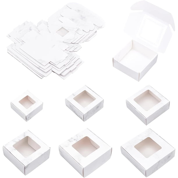 Paquete de 24 cajas de regalo de papel kraft con ventana, 6 cajas cuadradas de mármol blanco de varios tamaños para dulces, jabones, dulces y recuerdos de fiesta.