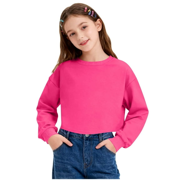 Fesfesfes Kids Cropped Hoodless Sweatshirt Long Sleeve Round Neck Casual Pullover Top Soft Breathable Fabric Comfortable Playwear for Boys Girls Unisex Everyday Active Wear(Hot Pink,3-4 Years)
