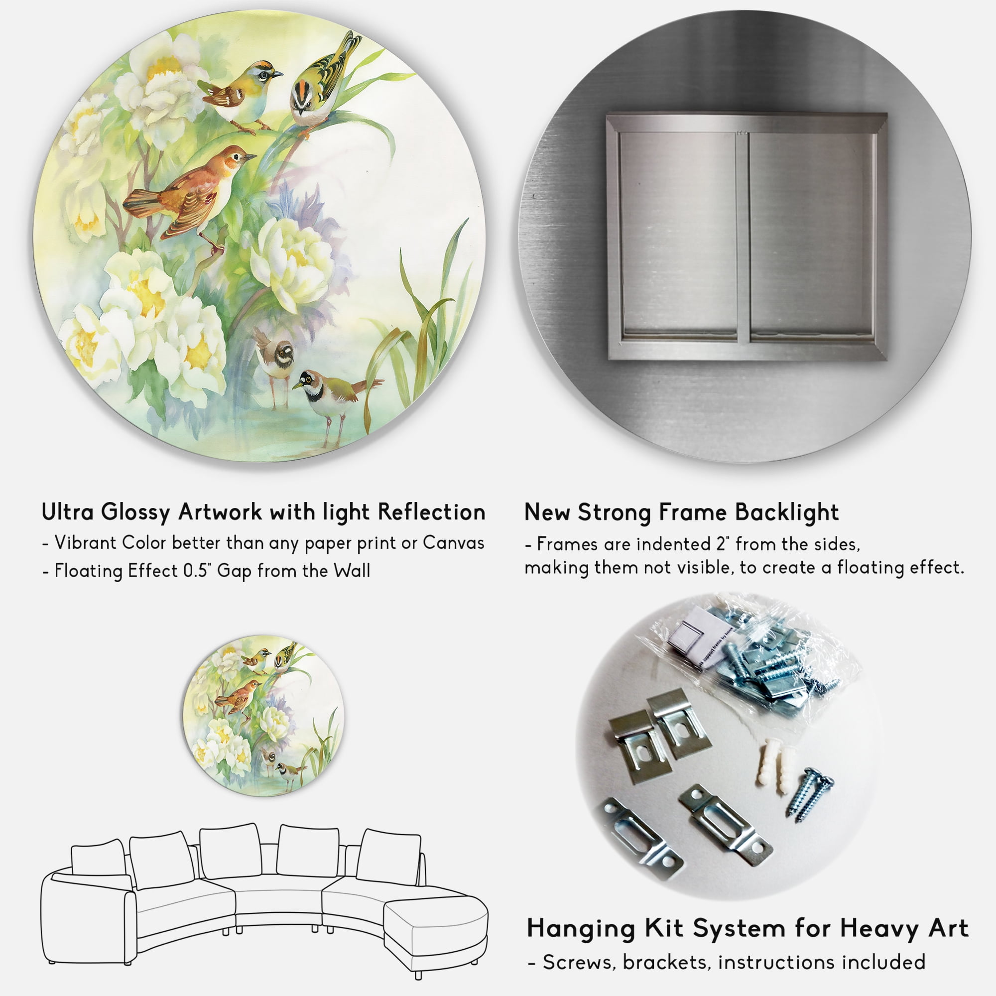 Designart 'Birds and Flowers In Rustic Scenery' Traditional Circle Metal Wall Art 11x11 - Disc of 11