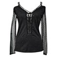 thumbnail image 3 of Camiseta de manga larga con lunares de malla empalmada de encaje con cuello en V informal para mujer Fridja  hkj3852, 3 of 5