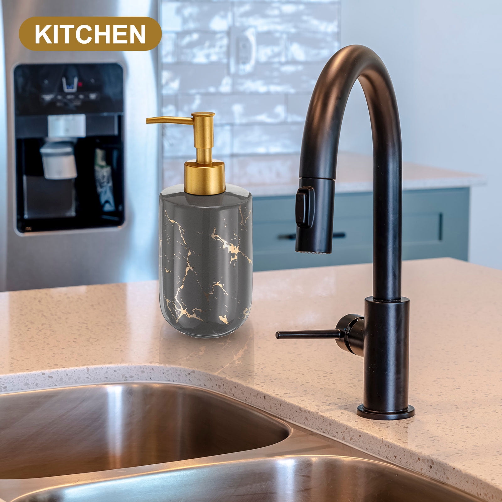 Unique Bargains Soap Dispenser for Kitchen Bathroom with Pump Marble Pattern 10 Oz Grey
