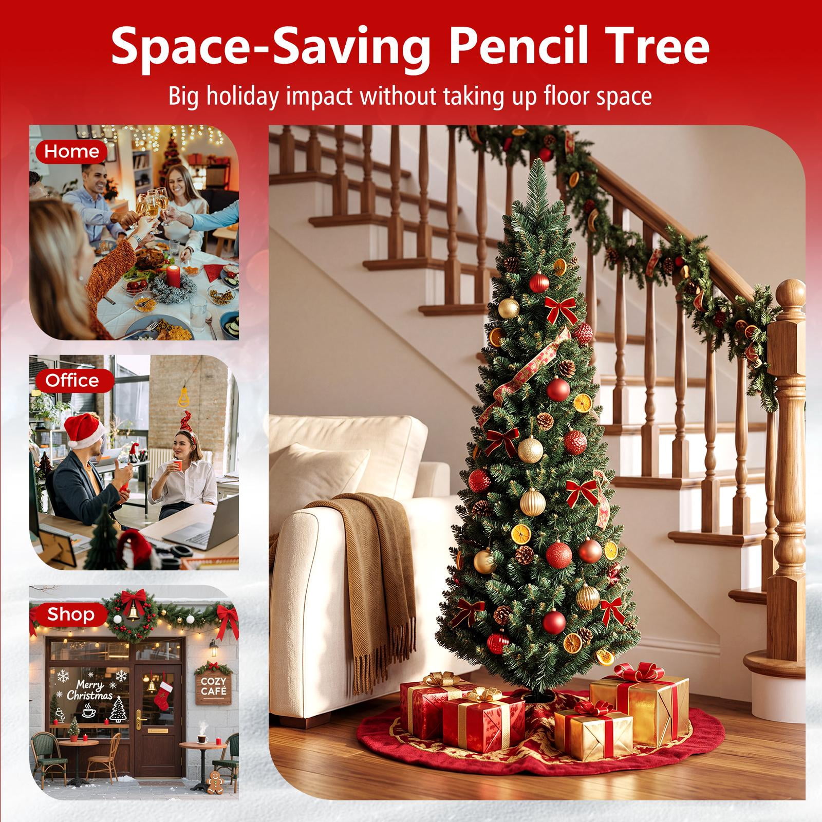 Costway 5Ft PVC Artificial Pencil Christmas Tree Slim Stand Green
