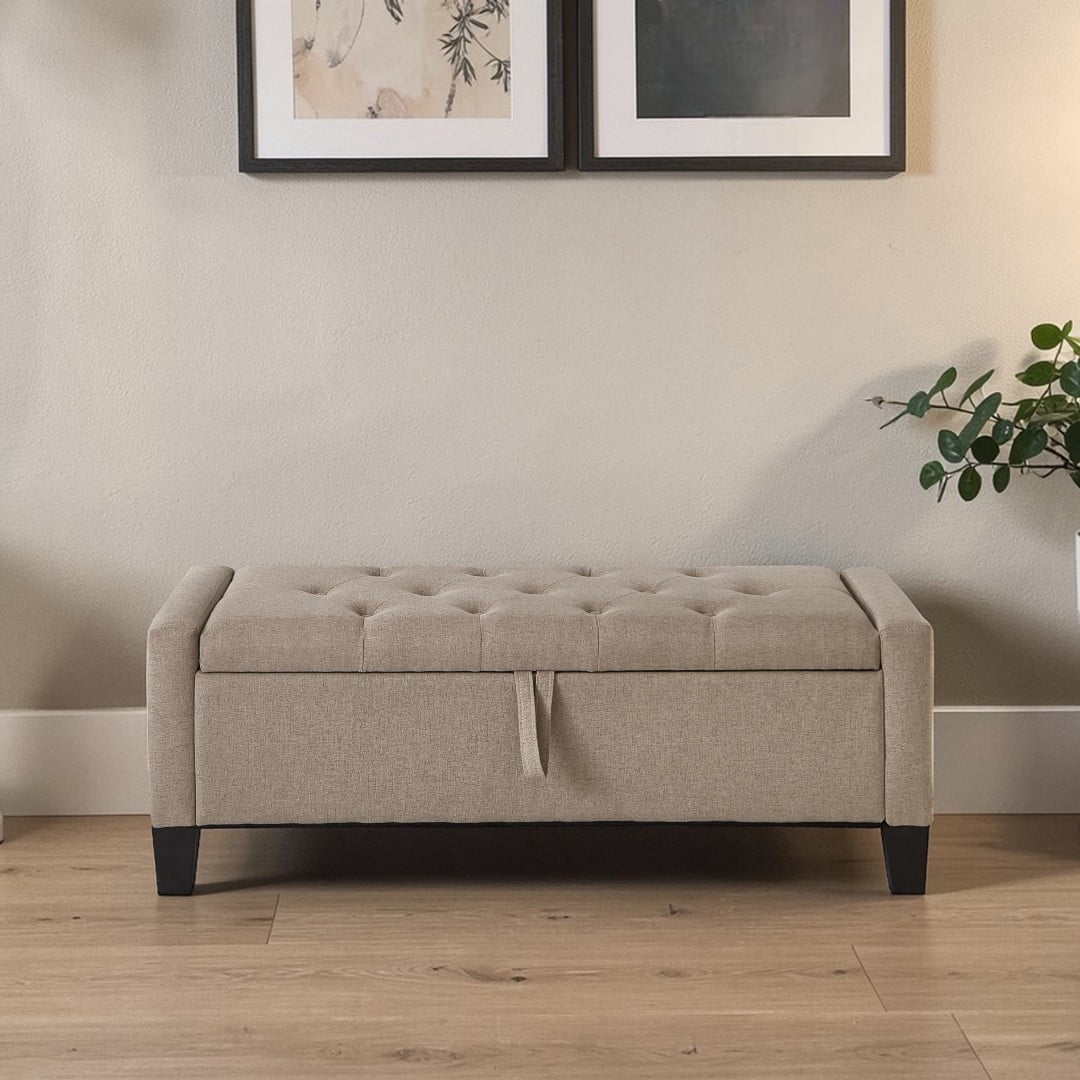 GZXS 45 Inch Upholstered Storage Bench in Linen, Tufted Ottoman Seat with Side Pocket for Bedroom, Entryway, Small Apartments