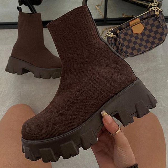 Botas De plataforma sin cordones para Mujer, zapatos De punto con tacones, otoño e invierno, 2022