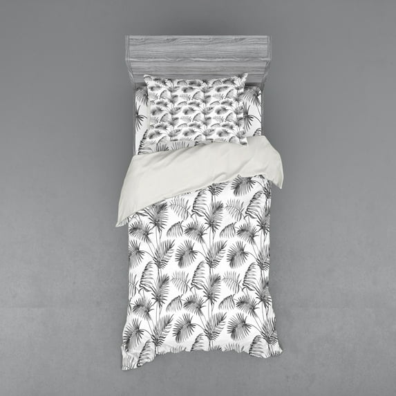 Natural Duvet Cover Set, Palm Leaves Island Tropical Floral Botanic Tree Natural Sketchy Print Image, Bedding Set with Shams and Fitted Sheet, 3 Sizes, by Ambesonne