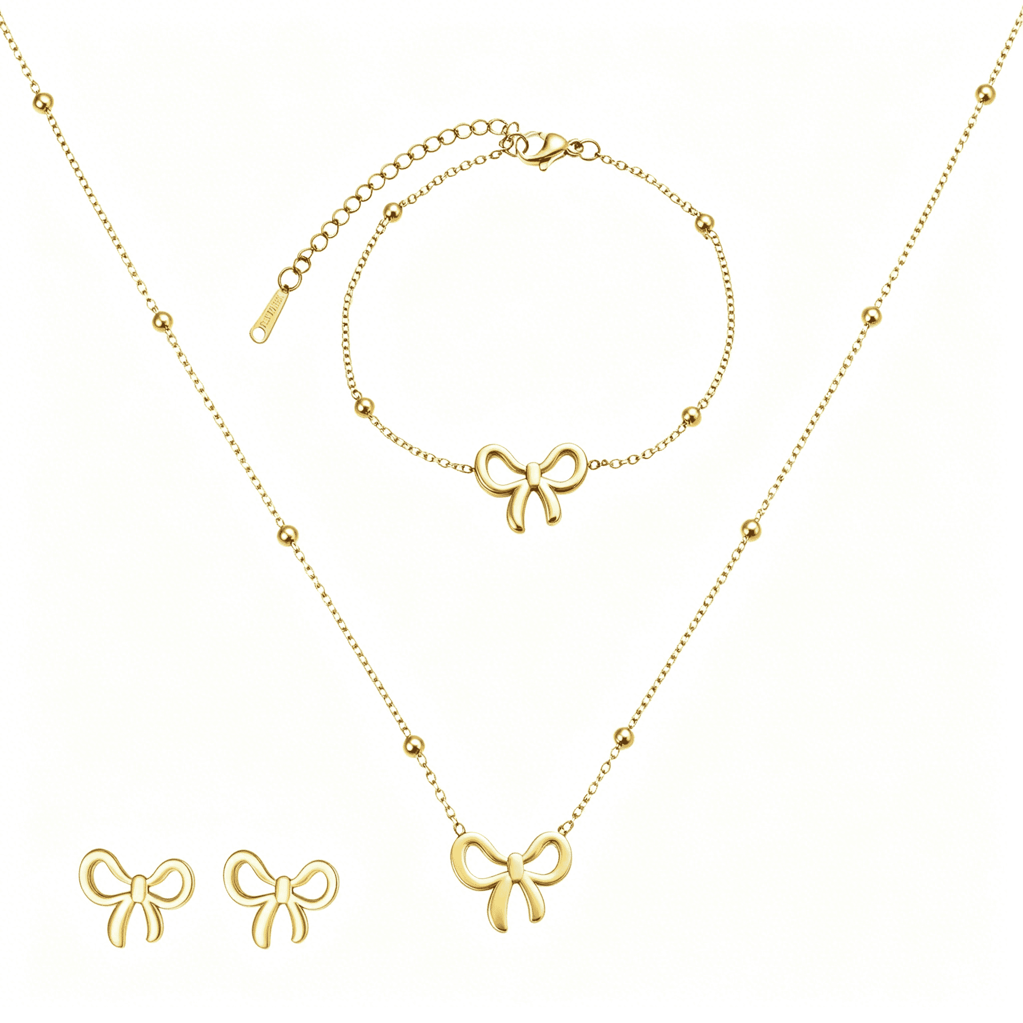 DESIGNICE 3Pcs Gold Necklace and Earring Set,Bow Jewelry Gold Trendy Bowknot Ribbon Choker Necklace Bows Stuff Gifts Christmas Holiday Jewelry Necklaces+Bracelet+Earrings