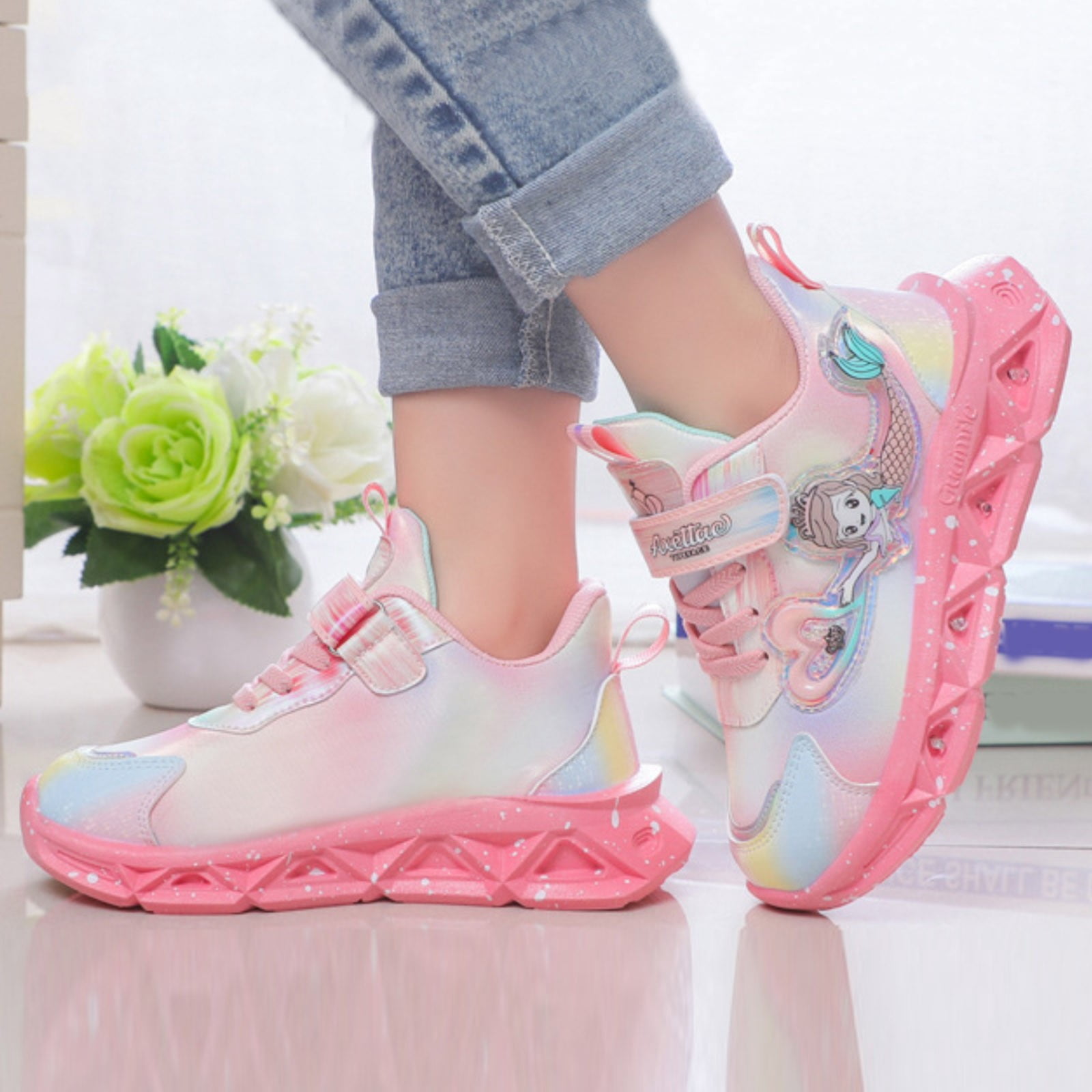 B91xZ Sneakers for Girls Toddler Shoes Children Sports Shoes with Lights Breathable Princess Lightweight Casual Lighting Kids Up Night Shoes Pink,Sizes 9