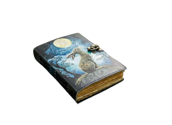 Moon Gazing Handmade Leather Journal with Moonlit Rabbit Artwork – 5x7 Inch Vintage Deckle Paper Notebook, 200 Pages