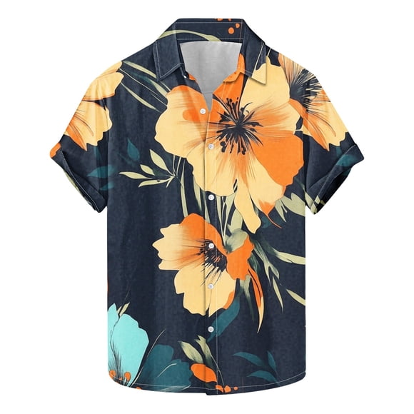 Men's Hawaiian Shirts Floral Print Short Sleeve Lapel Button Up Shirt for Men