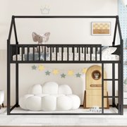 Twin House Bed, Convertible Loft Bed for Kids, Heavy-Duty Metal Frame with Guardrails, Noise-Reduce Design, Detachable Slats, Space-Saving Floor Bed, Black