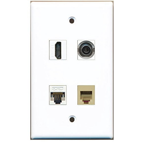 RiteAV - 1 Port HDMI 1 Port Phone RJ11 RJ12 Beige 1 Port 3.5mm 1 Port Cat5e Ethernet White Wall Plate