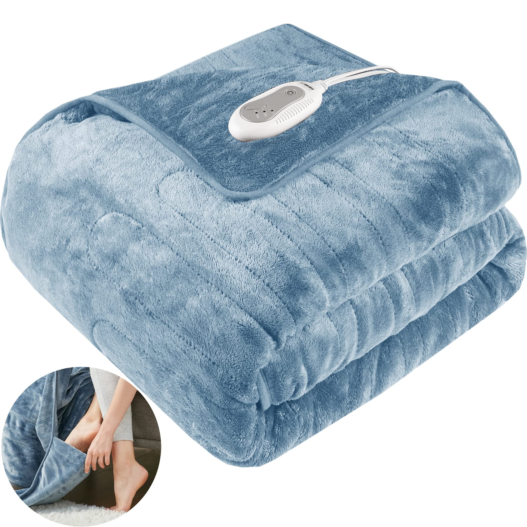 Heated Blanket with Foot Pocket Machine Washable Extremely Soft and comfortable Electric Blanket Throw with 3 Heating Settings and auto Shut Off Blue 50 x 62 Walmart