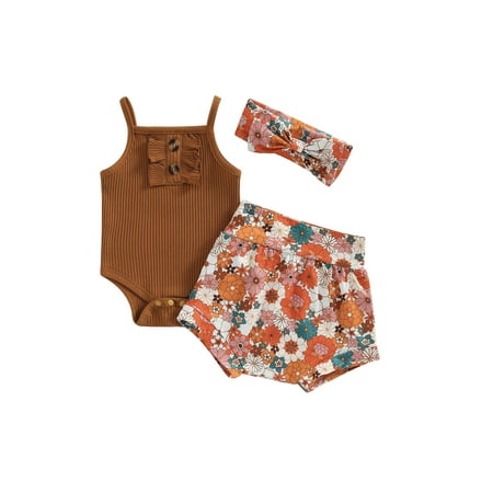 

ELF 0-18M Infant Baby Girls 3PCS Summer Outfits Spaghetti Strap Romper + Floral Shorts + Headband Set