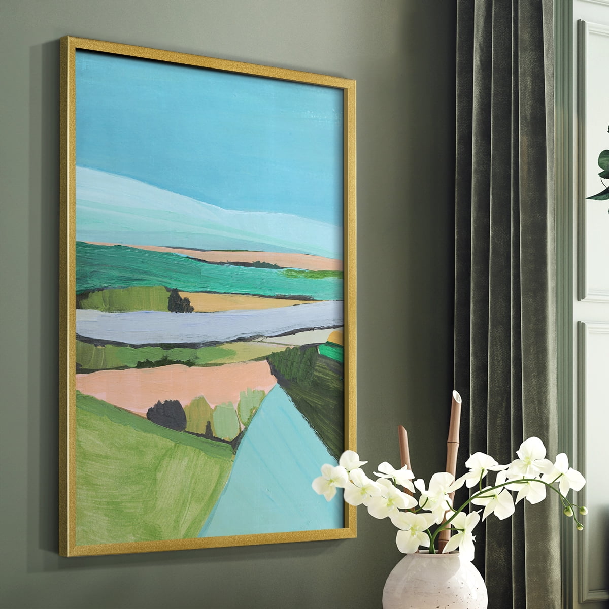 Bright Colored Countryside I Framed Print in Gold Solid Wood Framed Print No Nail Hanging