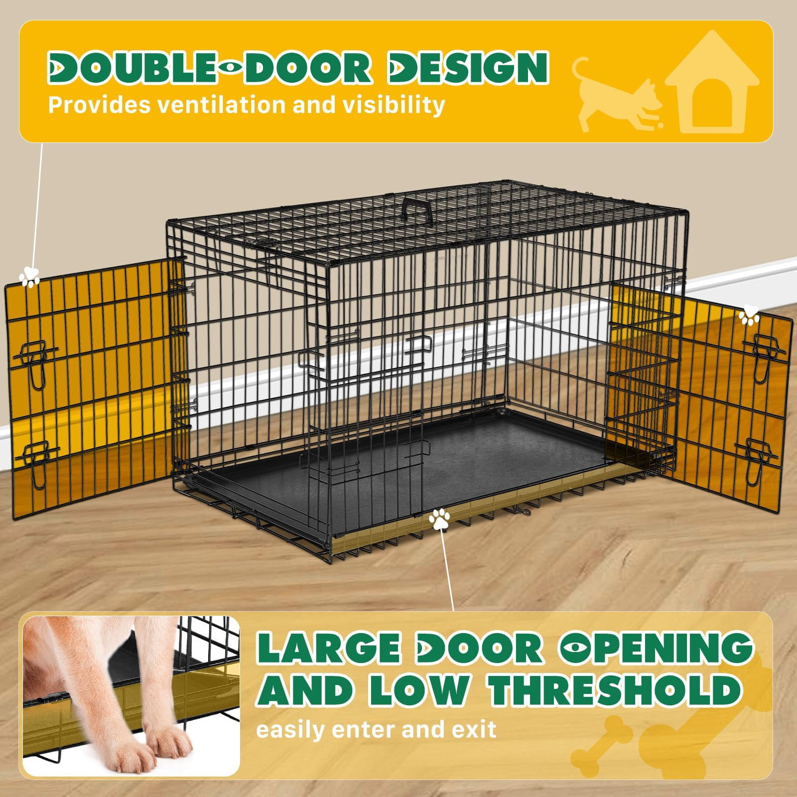 LIFERECORD 48in Extra Large Foldable Metal Dog Crate with Double Doors, Kennel with Divider Panel, Safe for Puppy Training, Home & Travel