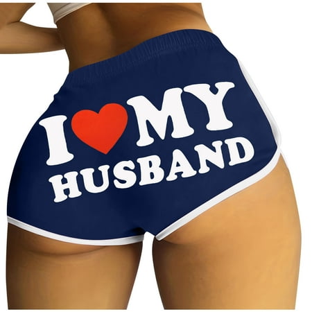 Lovskoo I Love My Husband Booty Shorts for Women Letter Printed Yoga Sport Workout Hot Pants Elastic Waist Athletic Lounge Shorts Navy