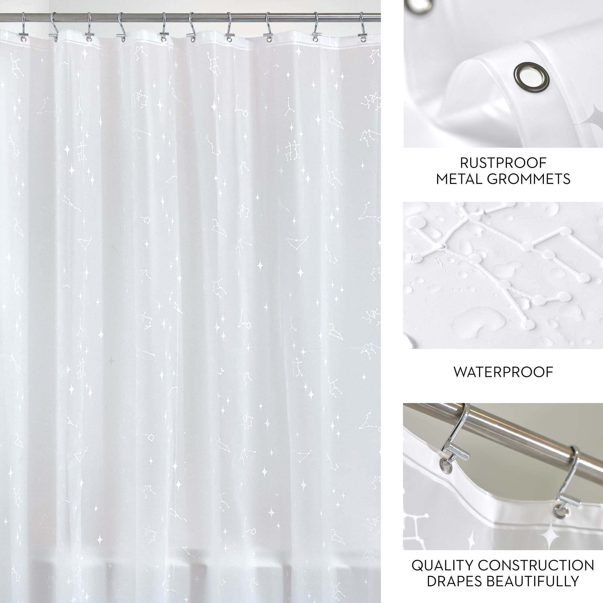 iDesign Waterproof PEVA Shower Curtain, Constellation, White/Frost