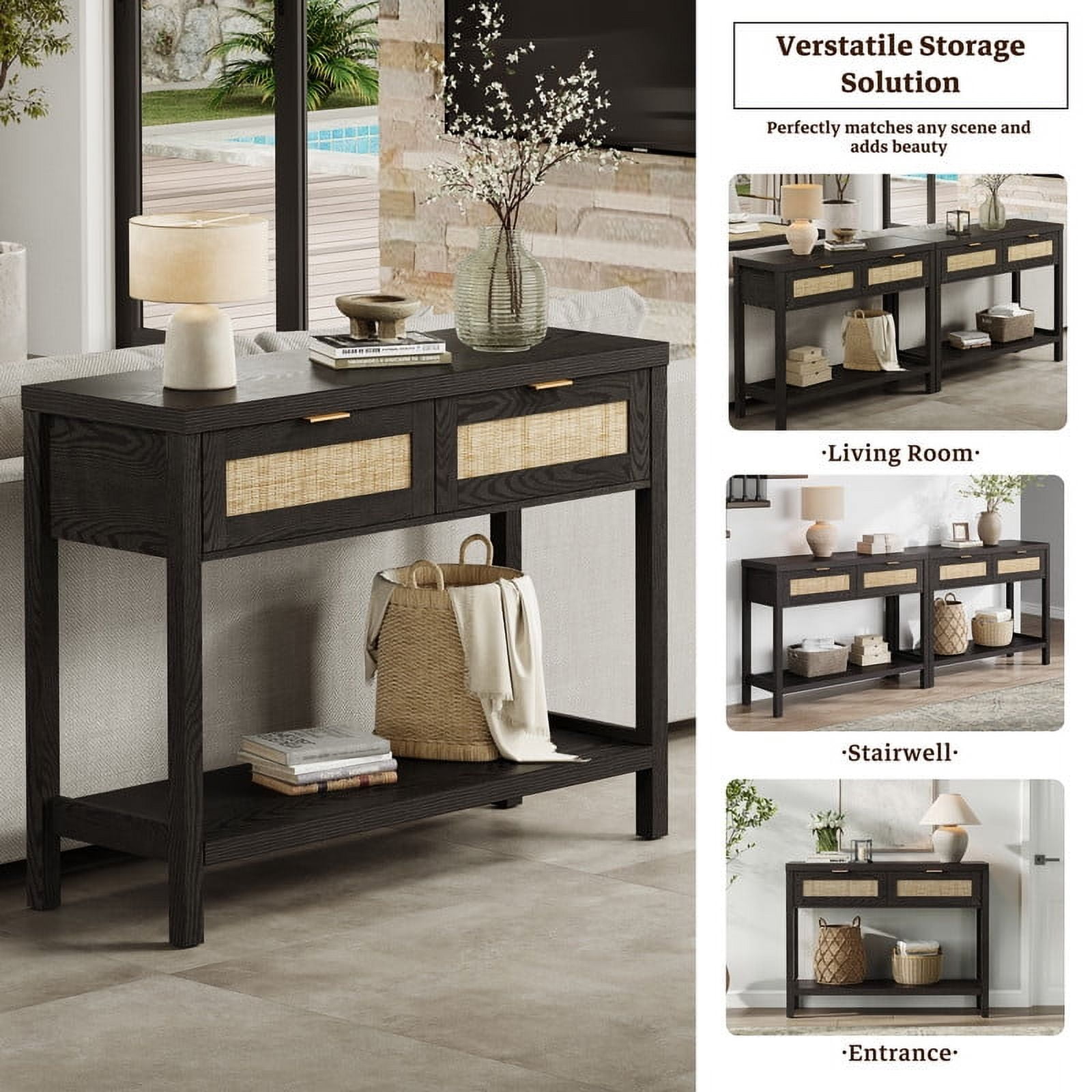 Surmoby Console Table with 2 Rattan Drawers,Boho Wood Entryway Table Hallway Table Sofa Table with Open Storage Shelf for Living Room,Foyer and Corridor,Black Oak