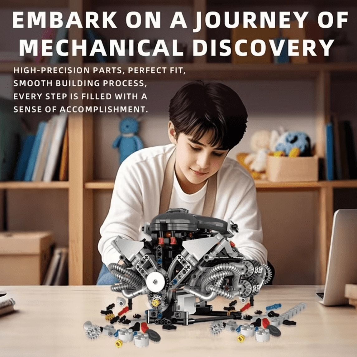 Motorized V8 Engine Building Kit with LED, APP-Controlled Technical Car Part Model for Hobbyists