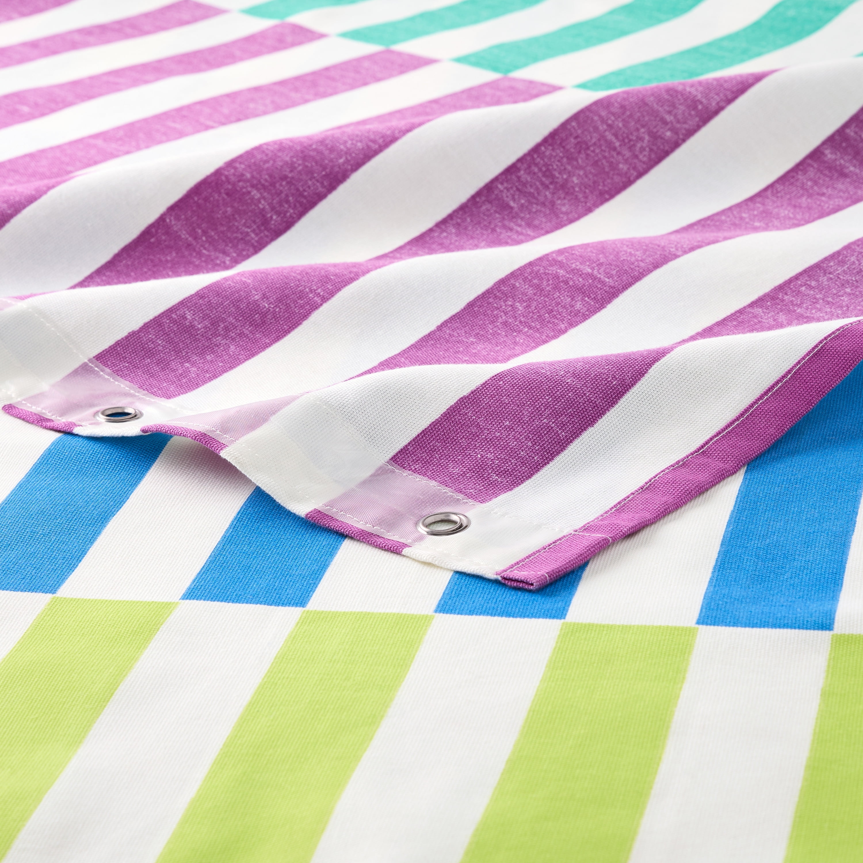 TOWN & COUNTRY PLAY Adeline Offset Stripe Cotton-Rich Breathable Fabric Shower Curtain with Anti-Rust Grommets, Purple/Green/Blue, 70"x72"
